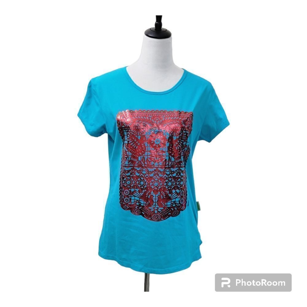 Karani Art Short Sleeve Top Mexican Design Stretch Size XL (Fits better size L)
